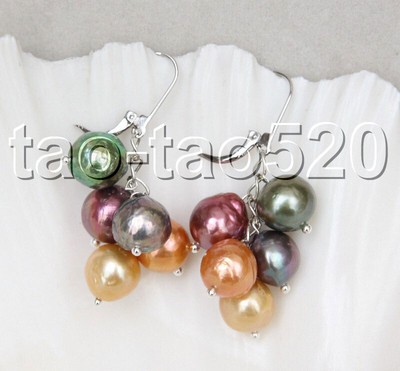 Dangle Baroque grape 2'' 11mm Multicolor Kasumi pearls Earrings 14K gold K447