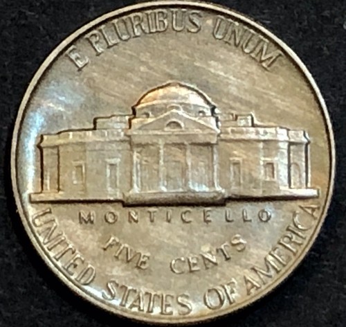 1962 P JEFFERSON NICKEL - MONTICELLO BACK - MS BU - TONED - BLUE TONES - Picture 2 of 2