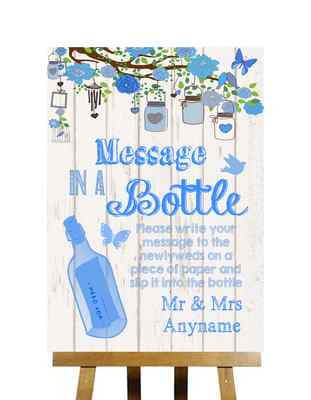 Personalisiertes Hochzeitsschild blau rustikal Holzoptik Botschaft in einer Flasche