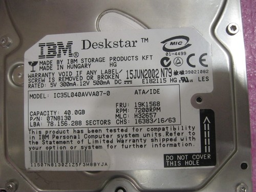 IBM 40GB IDE DESKSTAR 19K1568 07N8130 7200 1/MIN Festplatte 3,5 - Bild 2 von 2