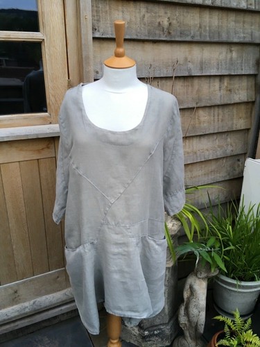 ELLA MODA 100% LINEN SMOCK TOP, GREY 
