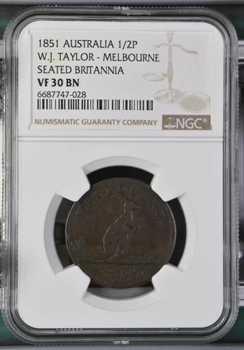 Australia 1/2 Penny 1851 WJ Taylor Melbourne Seated Britannia NGC VF 30 BN