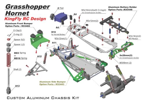 Kit Telaio Personalizzato in Alluminio per Telaio TAMIYA 1/10 Buggy Grasshopper 2/Hornet - Foto 7 di 7