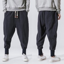 Men's Harem Pants Japanese Cotton Linen Elastic Waist Loose Casual Trouser 