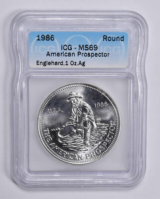1986 Engelhard American Prospector 1 Troy Oz Silver Round MS69 ICG