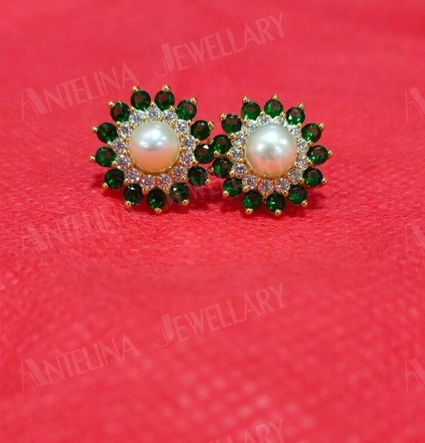 4.00Ct White Pearl with Emerald Halo Flower Stud Earrings 14k Yellow Gold Over - Picture 5 of 9