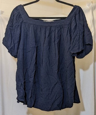 Loft Navy Blue Swiss Polka Dot Ruffle Puff Sleeve Square Neck Blouse Petite XL