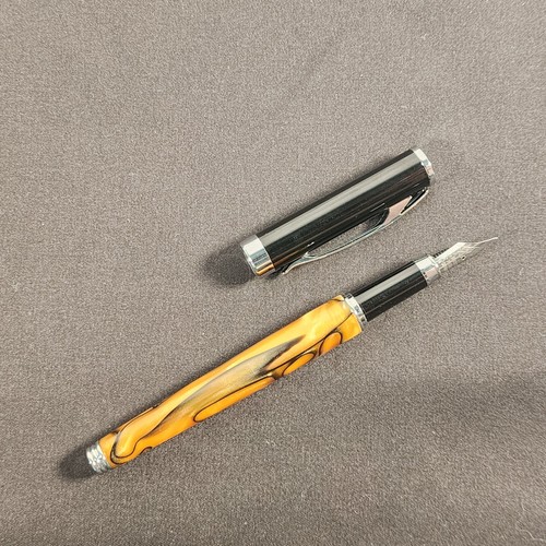 Fountain Pen Orange Black Marbled Resin Iridium Point Germany Chrome Trim
