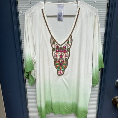 Chico's Ombre Multicolor v neck 3/4 sleeve shirt beaded Top Beach Women's Sz 1/M