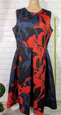 Dress Barn Navy Red Floral Fit & Flare Pleated Dress Woman 14 Preppy Retro