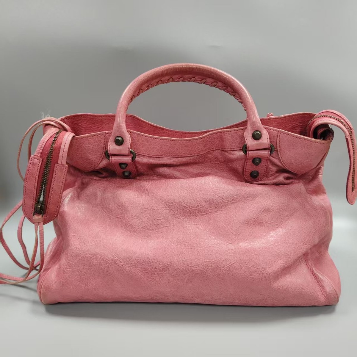 AUTH Balenciaga City Pink Lambskin Top Handle Crossbody Bag Aged