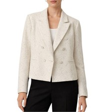 White Tweed Cropped Blazer Calligraphie XL Gold Flecks Jacket Preppy Work Career