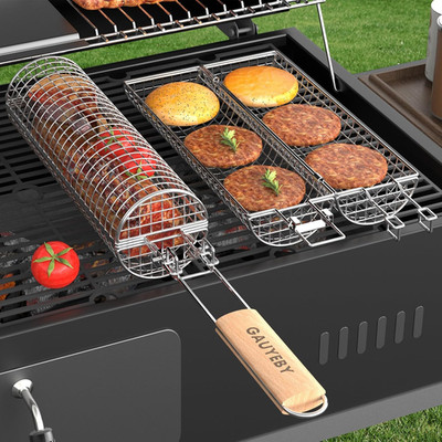 Rolling Grill Basket, Grill Baskets for Outdoor Grill, REMOVABLE HANDLE, Anti-Sc