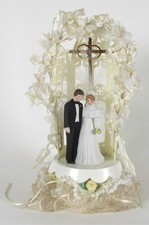 Vintage Wedding Cake Topper Bride Groom Lace Cross Arch Plastic 11"
