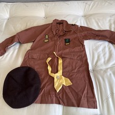 Vintage 1970’s Brownie Guide Uniform dress with badges and brown beret 
