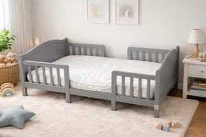 Convertible Wood Toddler Bed Gray with Sofa Chairs Classic Solid Rectangular