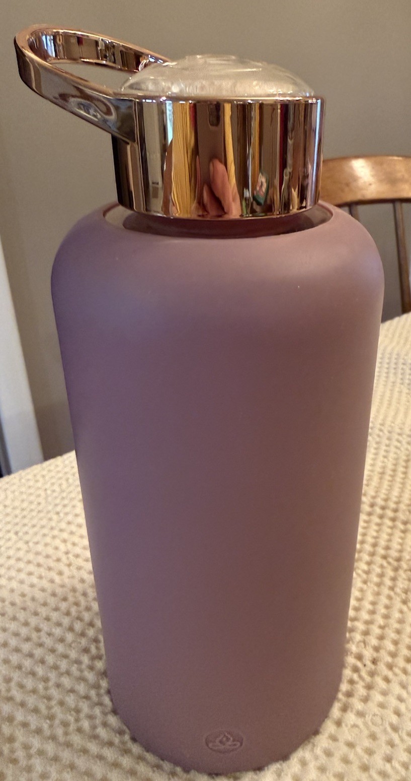 Apana Glass Water Bottle, Lavender silicone sleeve Rose gold