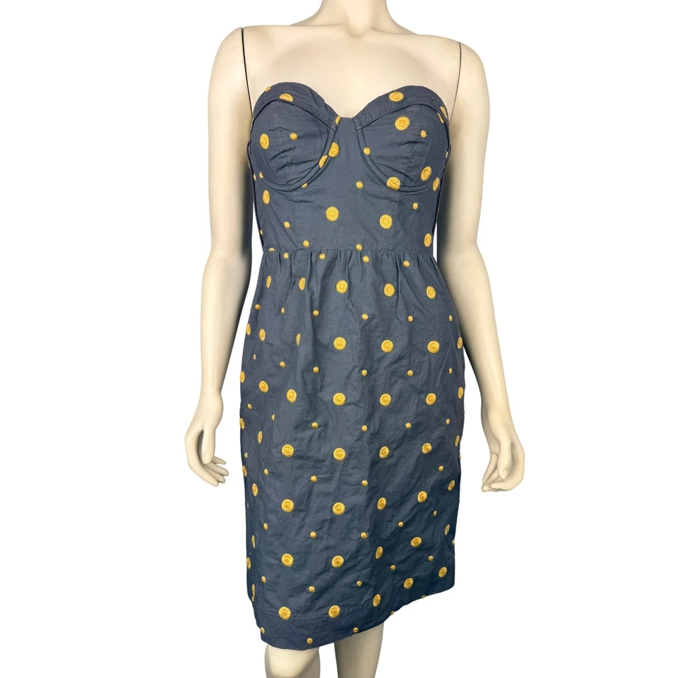 Vestido Floreat Anthropologie Talla 8 Sin Tirantes Azul Gris Amarillo Lunares Bordados Foto 3 de 4