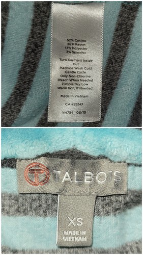 T By Talbots Velour Pullover Cowl Neck Drawstring Size XS Aqua Charcoal Striped - Picture 10 of 10