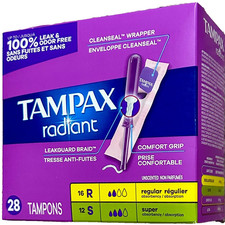 TAMPAX RADIANT Tampons w/CLEANSEAL WRAPPER Regular Super Absorbency-28 Tampons