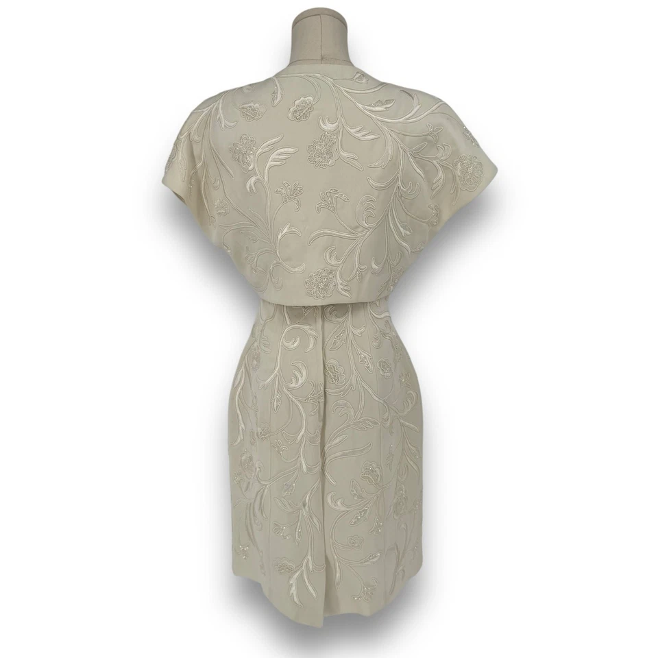 Vintage 1990s Lillie Rubin White Floral Beaded Bolero Jacket & Mini Dress Size 4 - Image 2 of 4