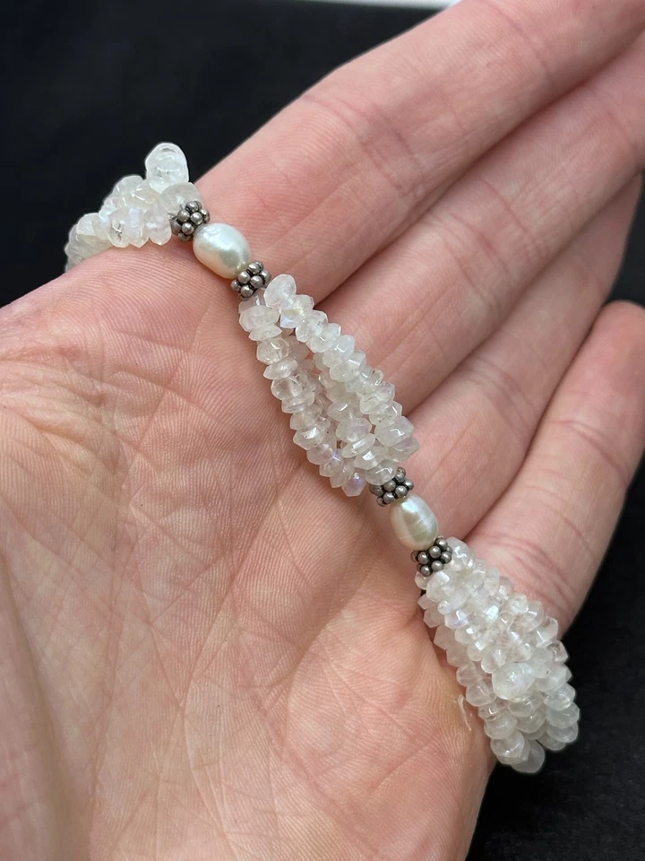 Sterling Pearl/Moonstone Gemstone Beaded Bracelet-18.8 Grams-Vintage Estate Find - Image 3 of 4