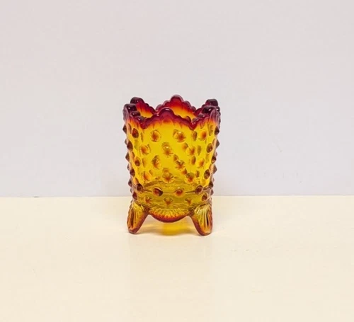 Fenton Amberina  Yellow Hobnail Red Edge Footed Toothpick Holder Cadmium UV Glow