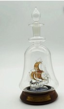 Santa Maria Ship in a Glass Bottle with Gold Sails, Wood base and Glass Stopper