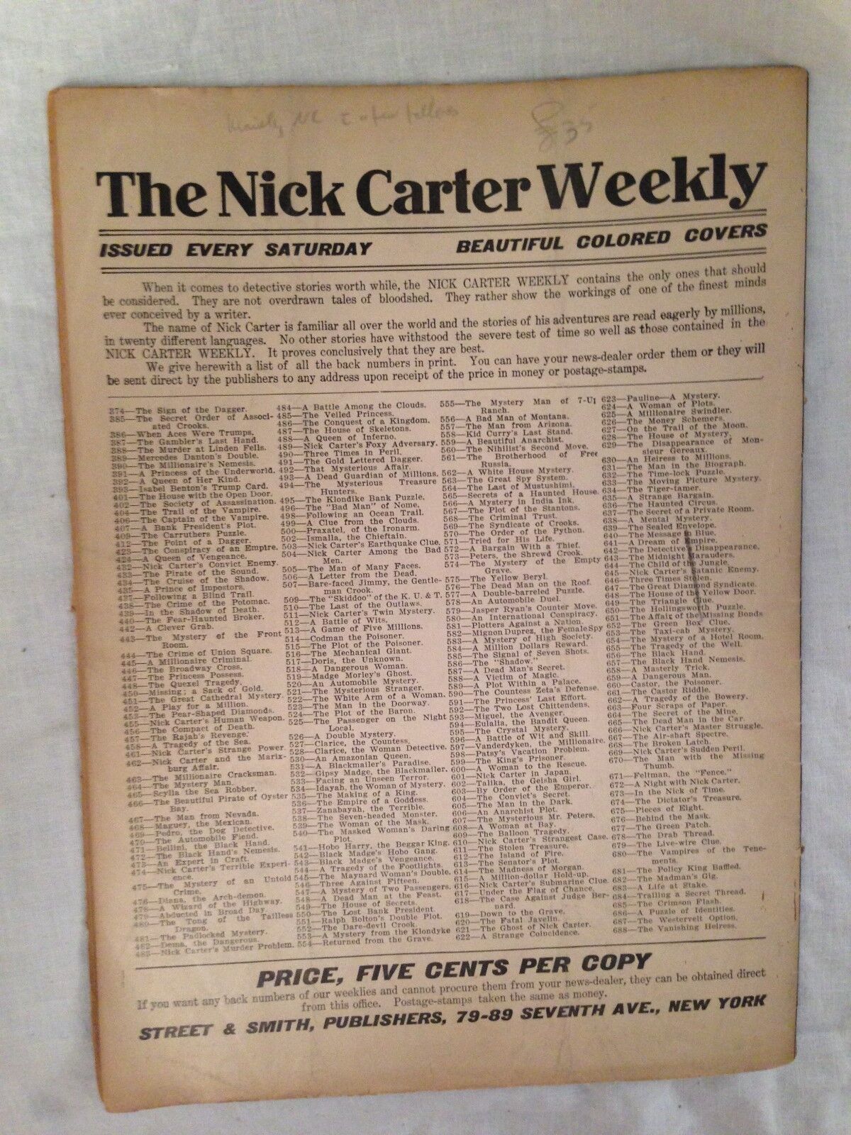 Nick Carter Weekly - February 1910 No 684 - Street & Smith, Original Pulp - RARE Gelegenheid, 2022