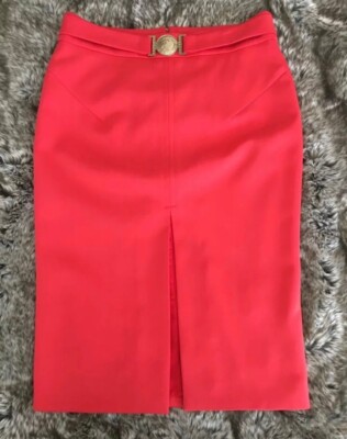Versace Collection Coral & Gold-tone Medusa Coin Buckle Skirt - Made In Italy