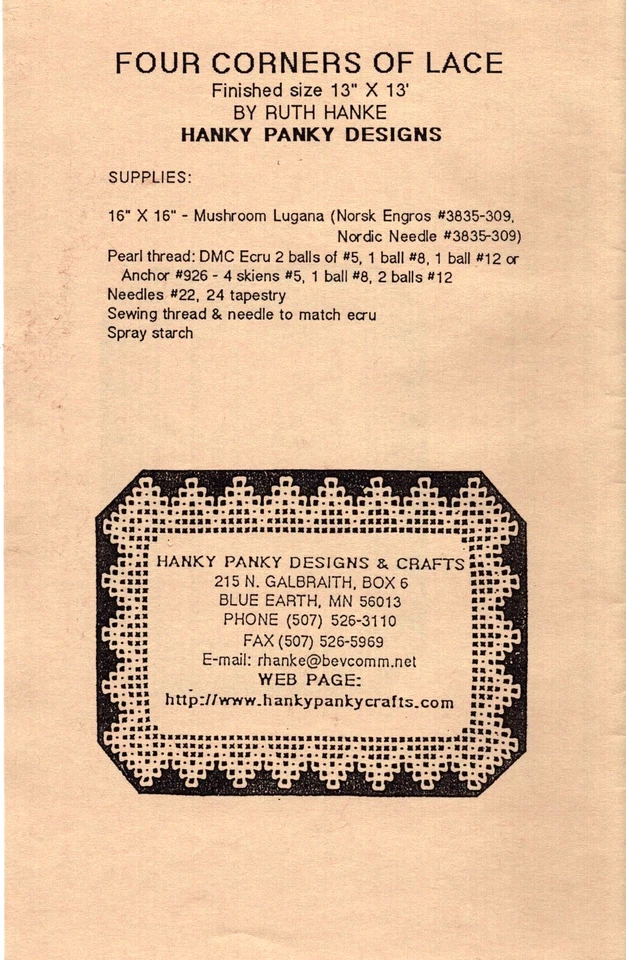 Hardanger Four Corners of Lace Doily Pattern Hanky Panky Designs - Image 2 of 2