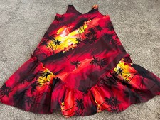 Helenas Muu Muu Dress Traditional Hawaiian Red Yellow Sunset Palm Trees L Or XL