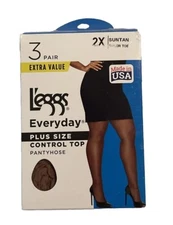 L'eggs Everyday 3 Pair Plus Size Control Top Size 2X Sheer Toe SUNTAN NEW