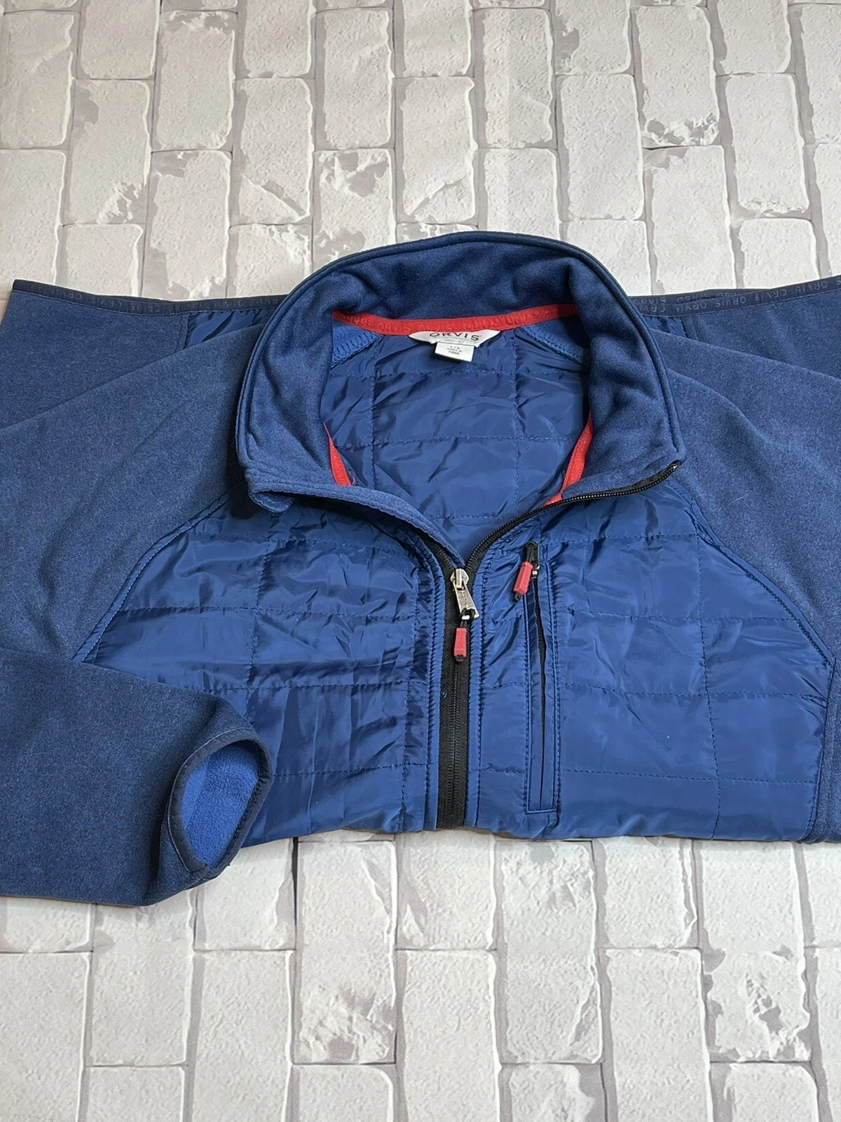 Orvis Mens Mixed Media Hybrid Quilted Full Zip Lightweight Jacket Blue Large L