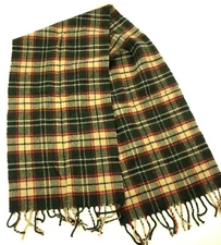 Daks 100% Lambswool Scarf VINTAGE Made in Italy Plaid Fringe Green Tan Red