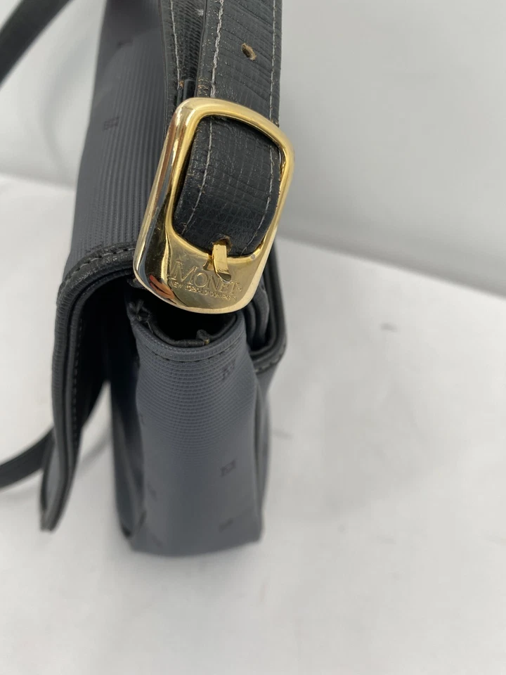 Bolso Bandolera De Colección Monet NY Londres París Recubierto Azul Lona Cuero Solapa Hombro Foto 3 de 4