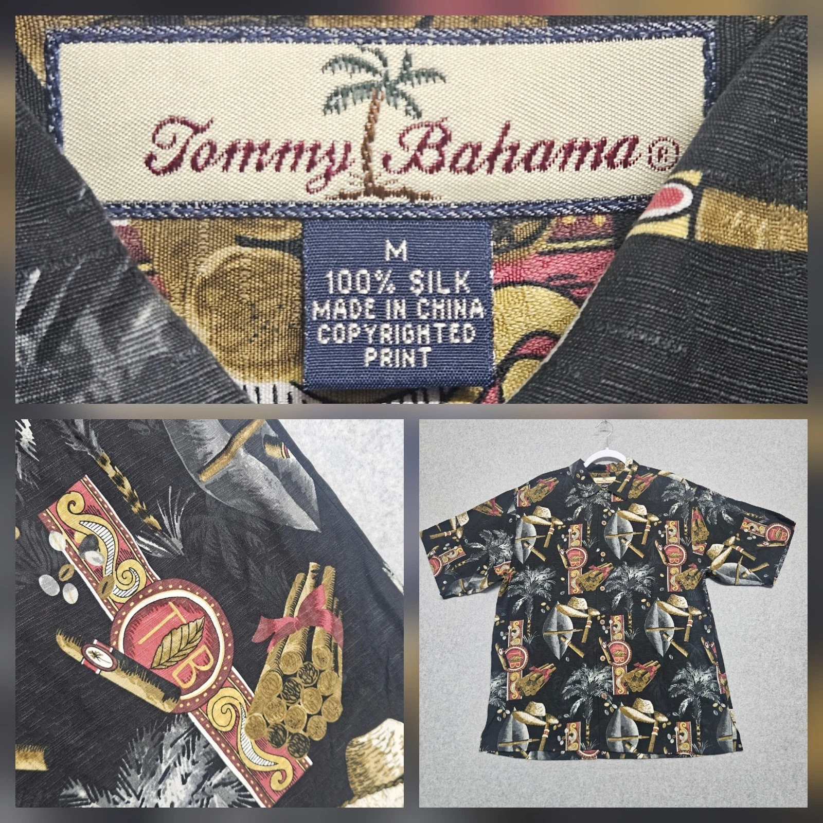 Tommy Bahama All Over Cigar Print Shirt Men's M Black Silk Tobacco Hawaiian