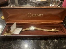Elgin Lady Gold Tone Quartz Watch Claudette Yellow Dial w Box Diamond Accents