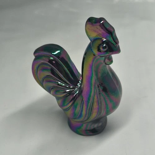 Fenton Rooster Carnival Glass 2.75”Tall Figurine Iridescent USA Original Sticker
