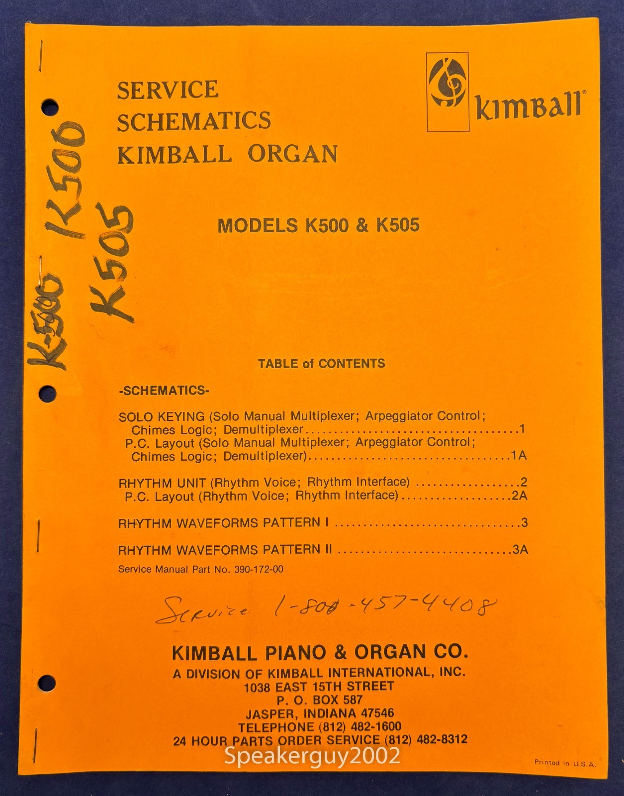 Original Kimball Organ K500 K505 Schematic Manual