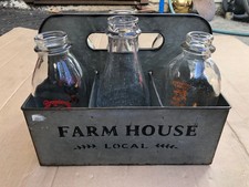 Vtg Farm House Local Galvanized Steel Milk Delivery Crate w/ 6 bottles USA