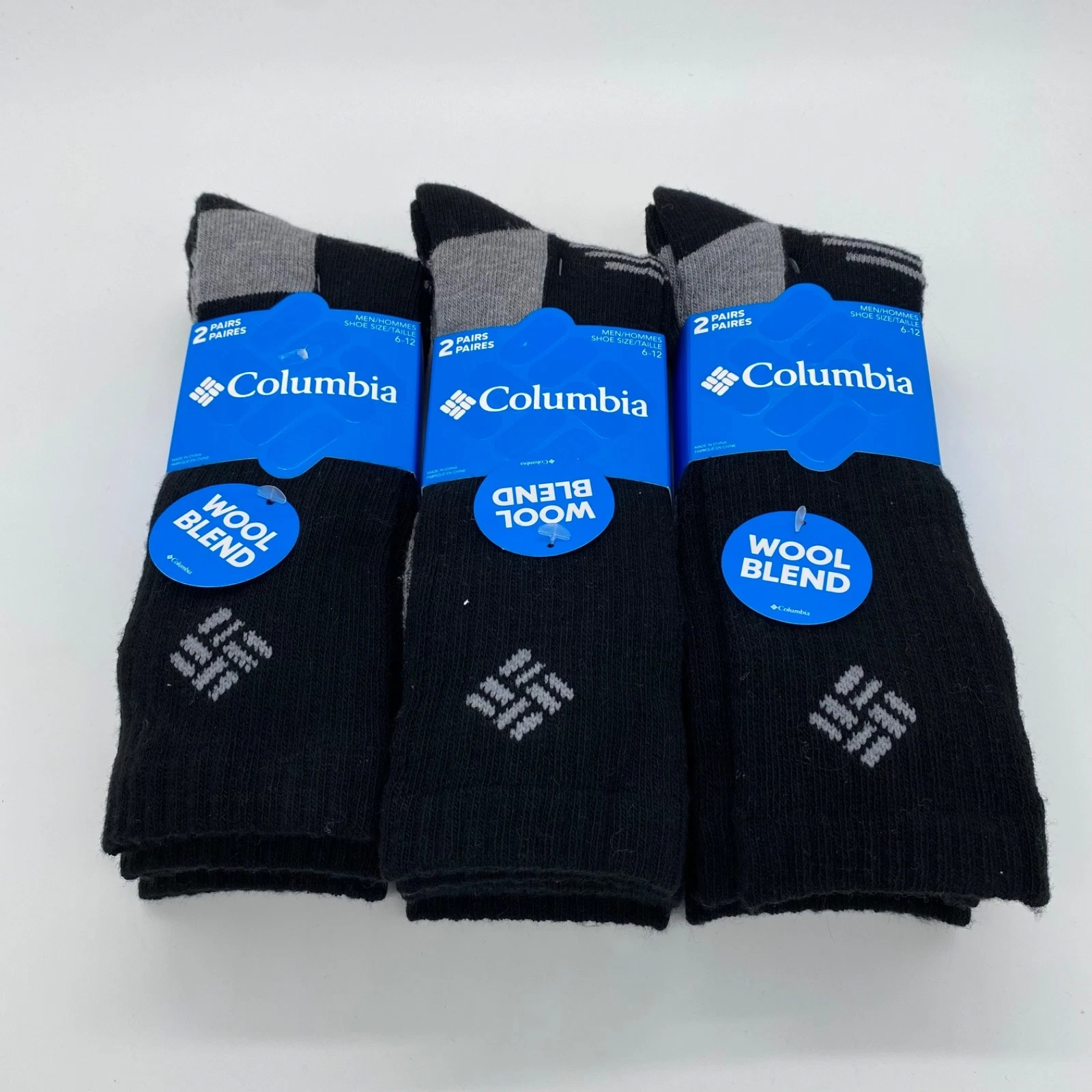 Lot of 3 Columbia Wool Blend Socks Crew Black Gray 2 Pairs (6 Total) 6-12 Mens