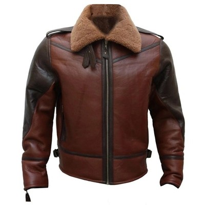 Men's Brown B3 Bomber Leather Aviater Flying Jacket Jacket Shearling Fur