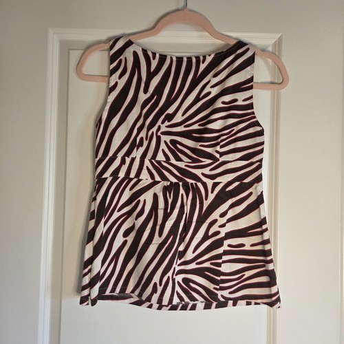 Camicetta top donna Ann Taylor Petite taglia 0P senza maniche stampa zebrata marrone rosa fiocco - Foto 5 di 11