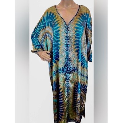 Oscar de la Renta Blue Gold Mandala Zip Front V-Neck 2 Pocket Caftan  SZ 2X NEW