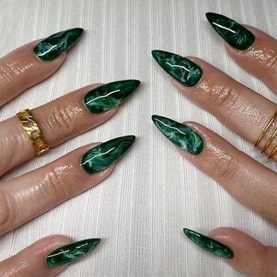  Press on Nails Medium Almond Fake Nails Green Ombre Marble False Nails Full 