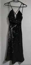 Miss Sixty Luxury - XS Black Satin Slip Midi Dress Lace V-Neck Paint Splatter 