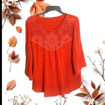 Unknown Brand 3/4 Sleeve Dark Rust Reddish Orange Shirt Lace Detailing Women 1X