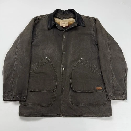 Vtg Woolrich Mens Barn Jacket M Gray Blanket Lined Canvas Chore Leather Collar