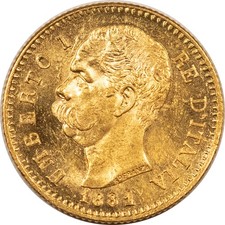 1881-R ITALY 20 LIRE GOLD KM#21 - CHOICE UNCIRCULATED PROOFLIKE! .1867 OZ AGW